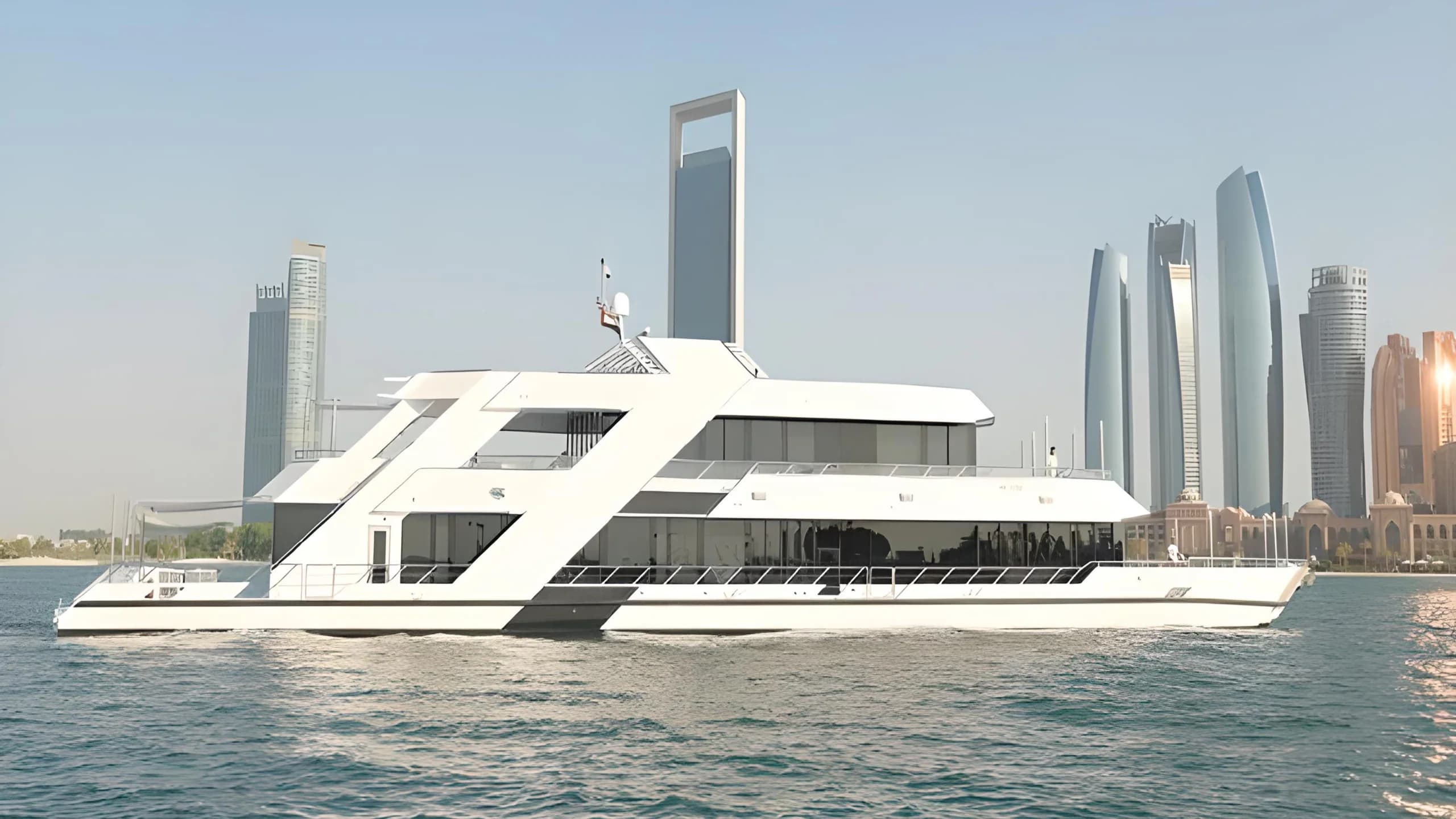 Event yacht cruising past the Abu Dhabi skyline